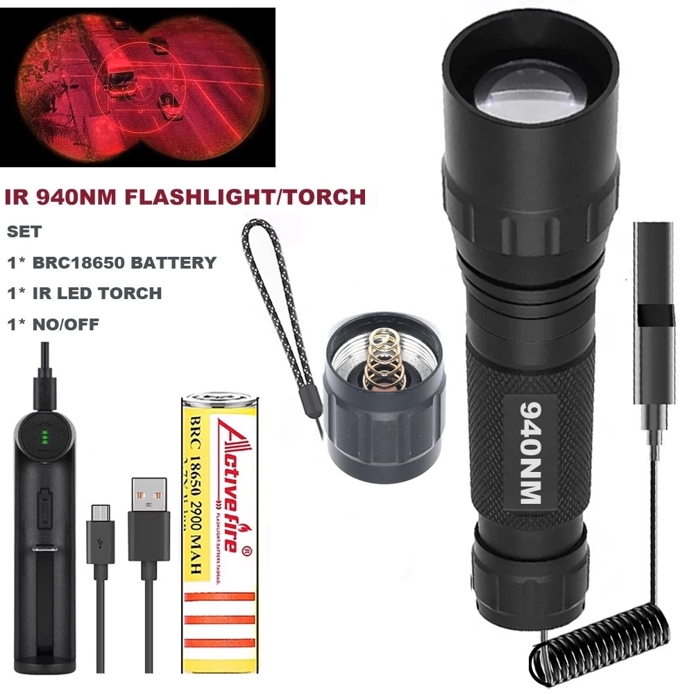 Zoomable LED Infrared Tactical Flashlight Night Vision Rechargeable Waterproof Hunting Torch 850nm/940nm IR Flashlight