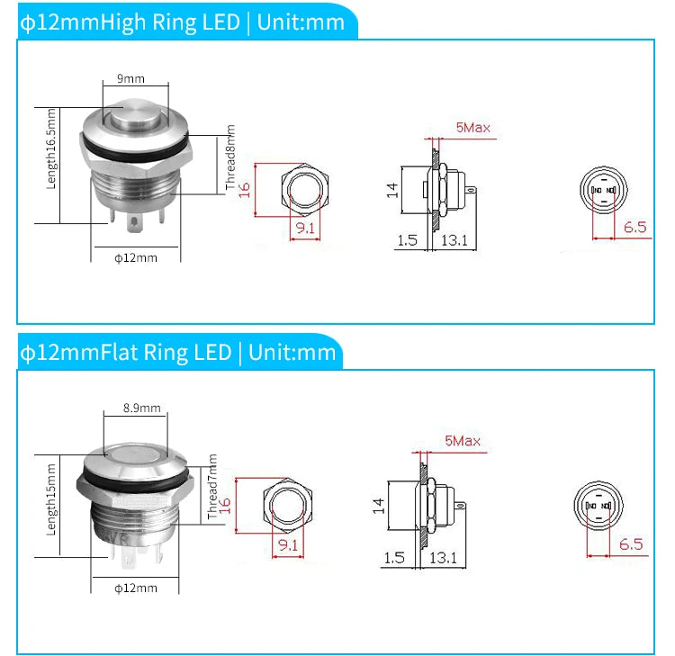 12mm 16mm 19mm 22mm Ultra-short Style Microtravel Stainless Steel Push Button Switch Led Lamp Self-reset/Momentary Normal Open