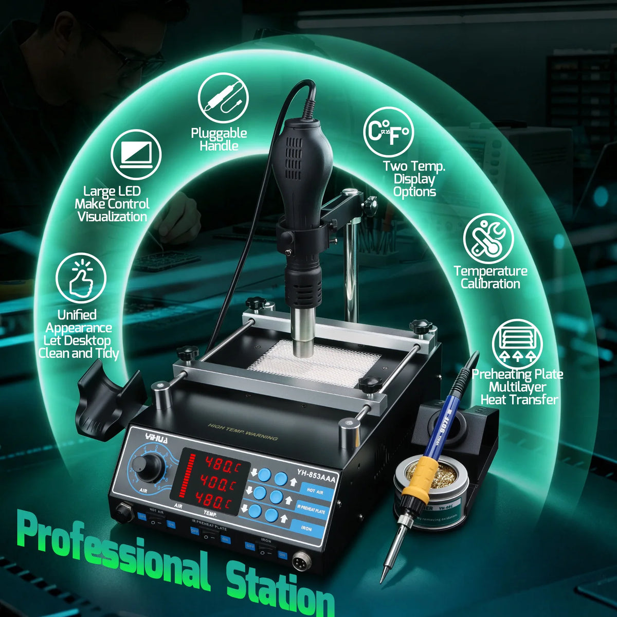 YIHUA 853AAA 1200W Preheating Station PCB Preheater Soldering Station BGA Rework Station Soldering Iron Heat Gun Welding Station