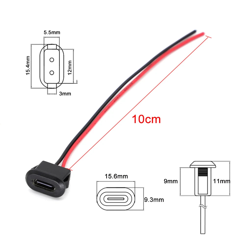 10PCS Type-C Female Chassis 2Pin Connector Waterproof Type-C Female Socket Fast Charging Port USB-C 2P Pigtail Cable DIY