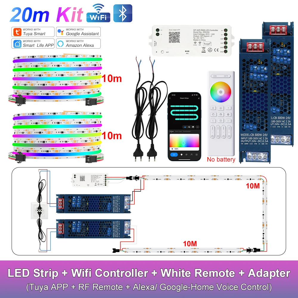 RGB-IC COB LED Strip with Tuya Wifi Controller 2.4G Remote Alexa Google Home Rainbow Color Addressable LED Tape 10m 20m 25m Kit