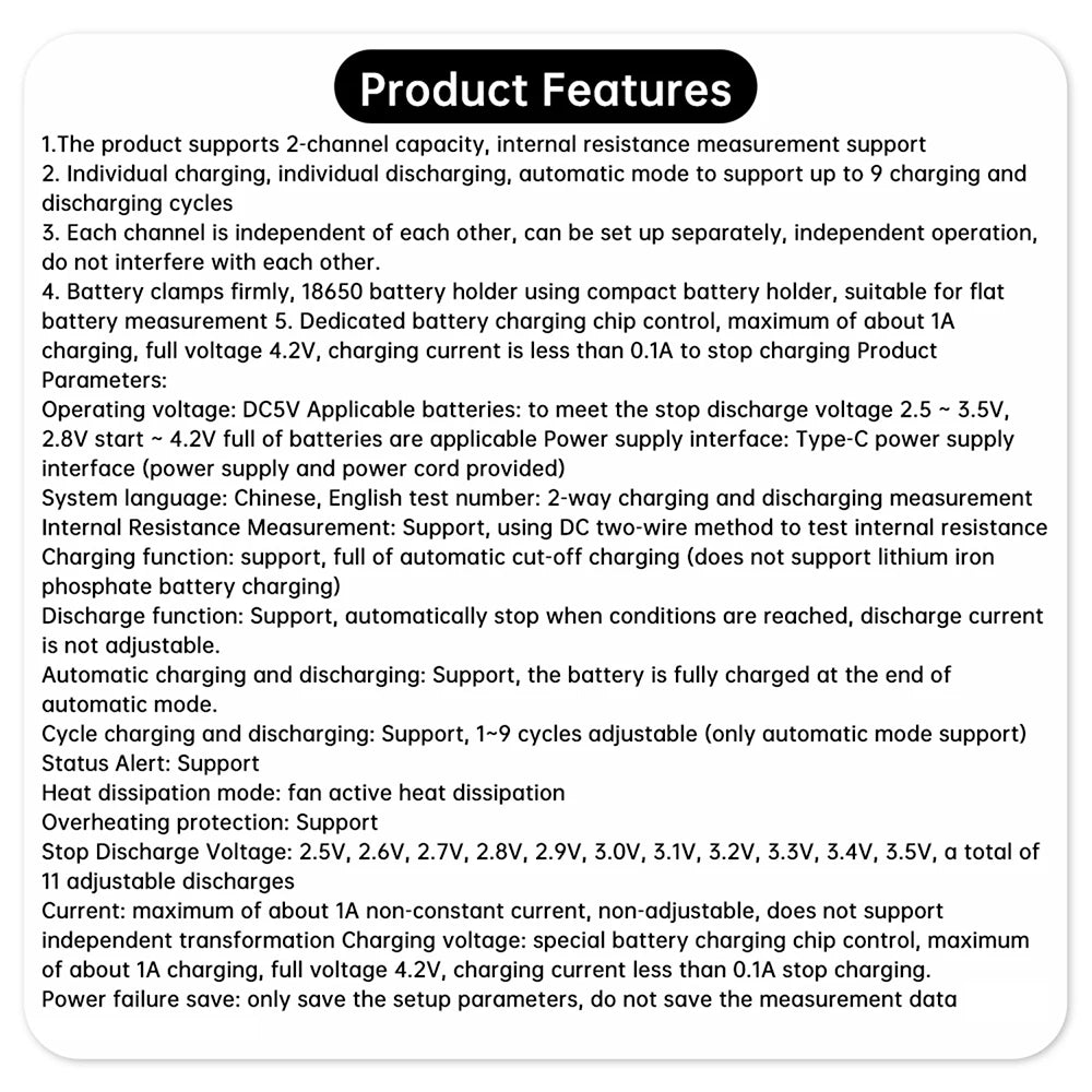 2 Channel 18650 Battery Capacity Internal Resistance Tester Automatic Charge Discharge Electronic Load Module TYPEC Power Supply