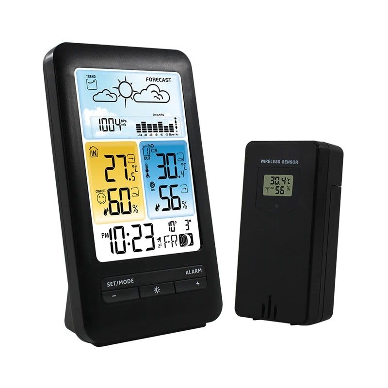 Wireless Table Weather Station Color LCD Digital Temperature Humidity Monitor Moon Phase Barometer Forecast Sensor Alarm Clock