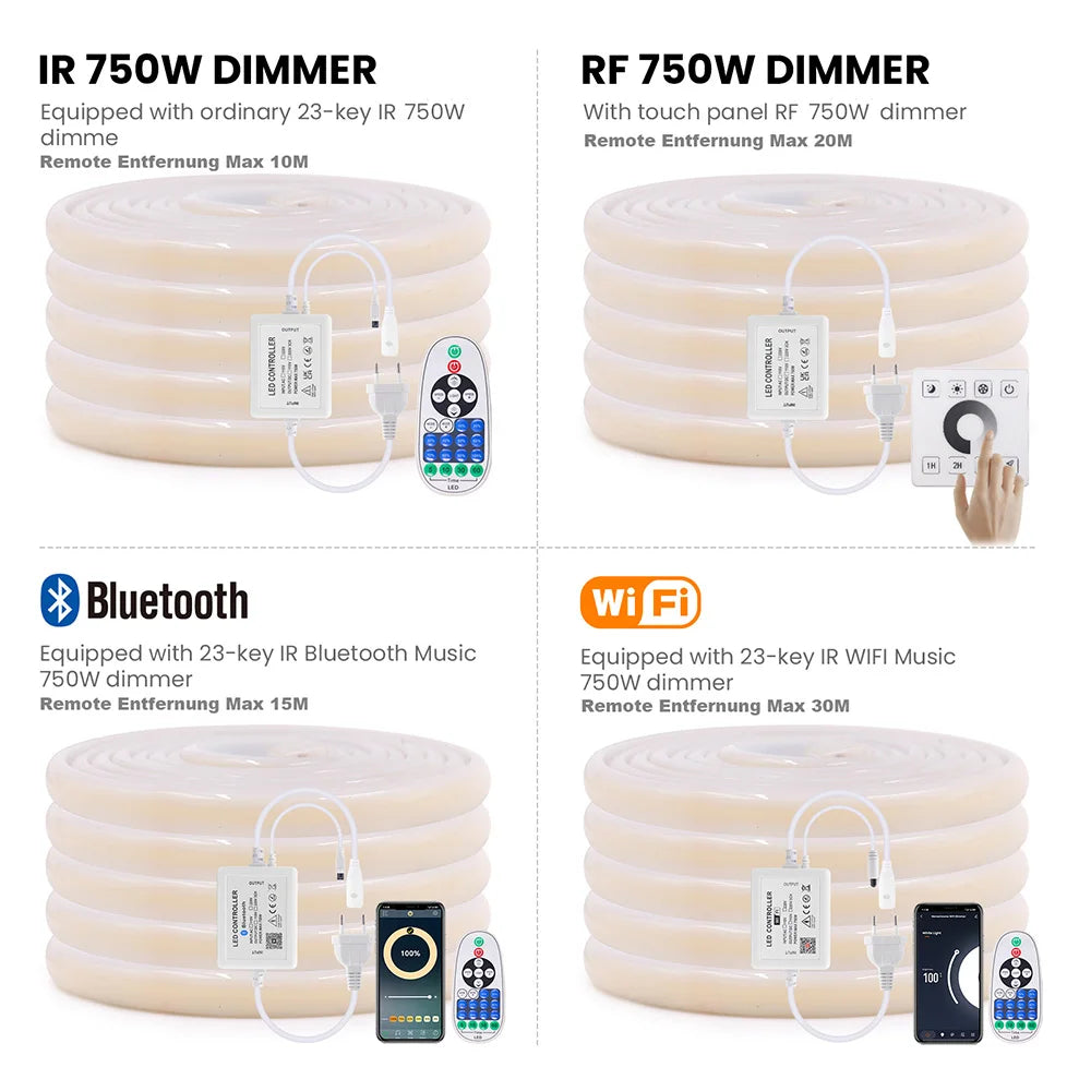 Wall Touch Wifi Bluetooth COB LED Neon Strip Light 220V Dimmable 23key Remote Control Power Kit AC 220V 288LED/m Waterproof Rope