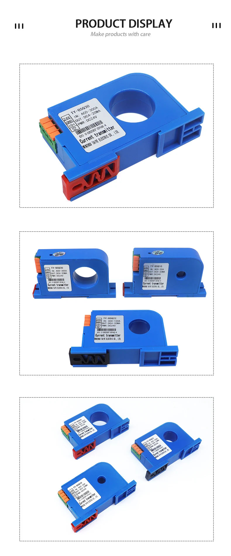 Hall DC Current Sensor Transmitter Output 4-20mA Power Supply 24VDC 0-150A Input 10mm 22mm 30mm Hole Current Transformer