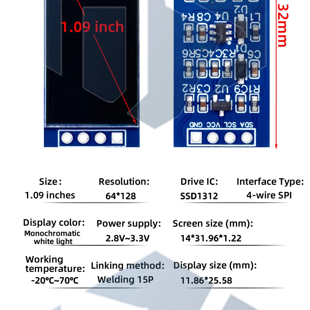 1.09/1.1 Inch OLED Display Module - 128x64 SSD1312 Driver I2C Interface for Arduino (64x128 Resolution, 12864 Type)