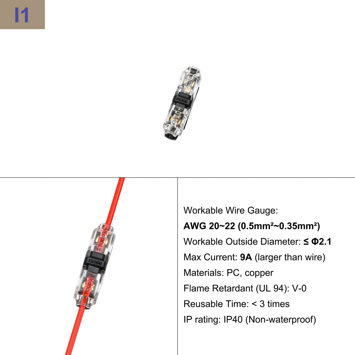 I-Type 1/2/3pin LED Wire Connector Quick Splice Cable Terminal Block for LED Strip, Audio, Car, Home Appliances Wiring AWG20-22
