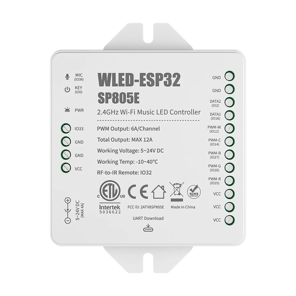 SP805E ESP32 WLED Controller WiFi Music LED Controller for Addressable WS2811 WS2812 WS2814 WS2815 SK6812 PWM CCT RGB Cob Strips