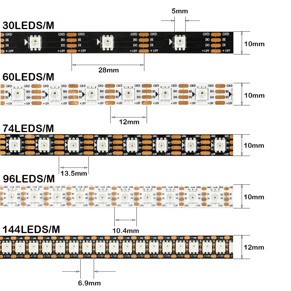 DC12V WS2815 5050 Dual-Signal RGB LED Strip WS2812B 30/60/74/96/144Leds/Pixels/m Individually Addressable LED Lights IP30 65 67