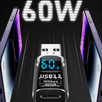 Digital LED Display USB 3.2 Adapter 36-60W 10Gbps Laptop Type-C Converter Data Transmission Smart Chip Power Meter Tester