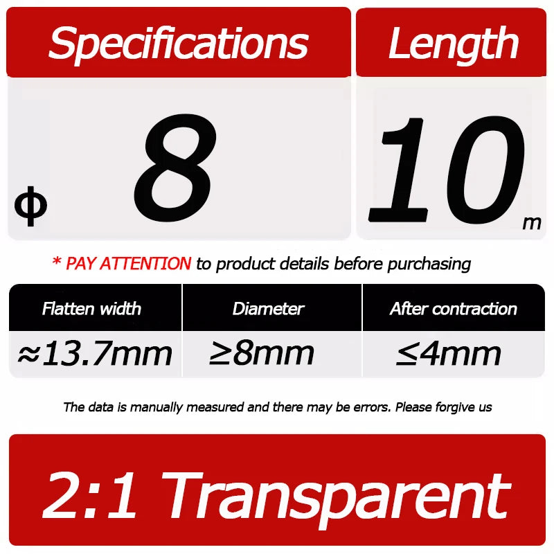10 Meter/Lot Heat Shrink Tube 2:1 Clear Transparent Tubing Shrinkable Wrap 1mm - 60mm Cable Sleeve Wire