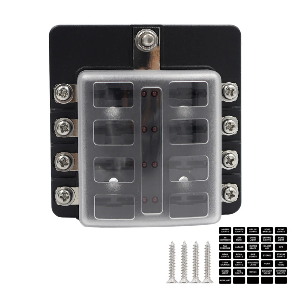 Blade Holder Fuse Box 12/10/8/6 Ways Modified Terminal Block Fuse with LED Warning Light 12V~24V Power Distribution Panel Boat