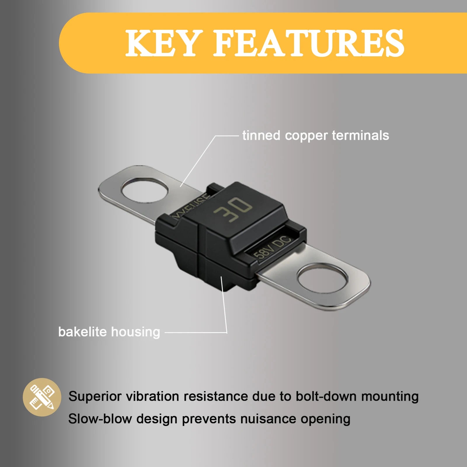 MIDI Fuse 30A-200A ANS Bolt-Down Fuse 58V Time-Delay High Current Automotive Fuses for Car Marine RV M5 Stud Bolt-On Fuse Holder