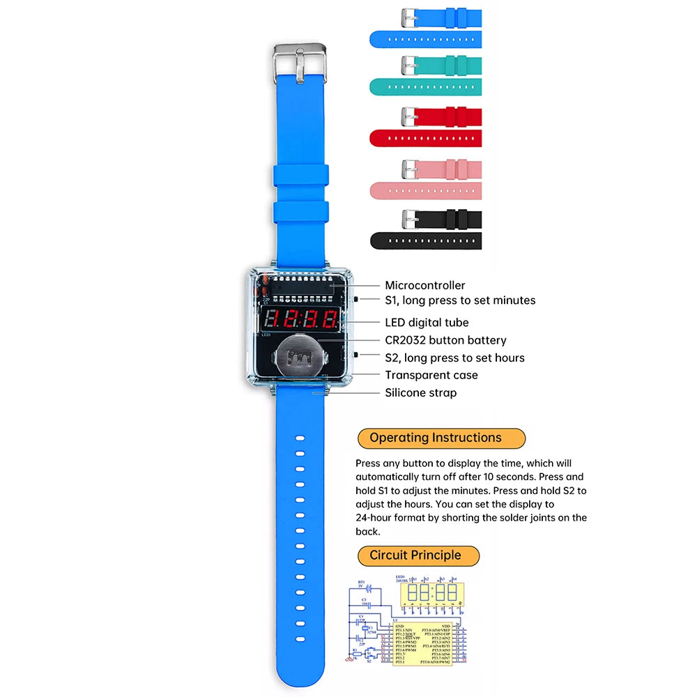 DIY Electronic Watch Kit 0.28'' LED Digital Tube Creative Watch Soldering Kit Microcontroller Watch Kit with Silicone Strap&Case