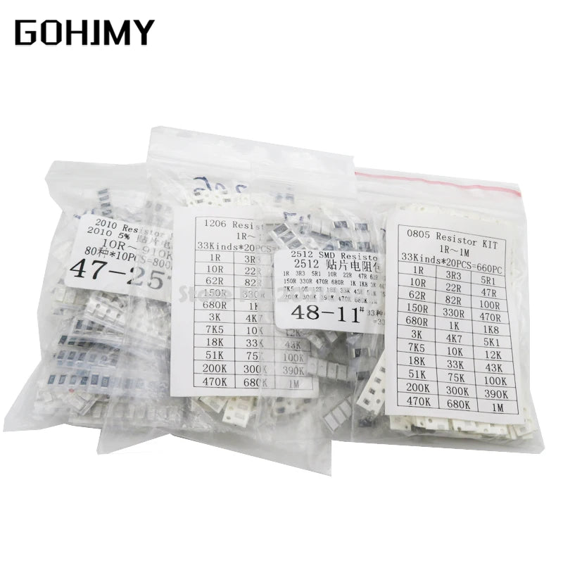 200PCS 660PCS 720PCS 4000PCS 0402 0603 0805 1206 1210 2512 SMD Resistor Kit 10K 100K 1K 1R 100R 220R 1% 5% Assorted Kit