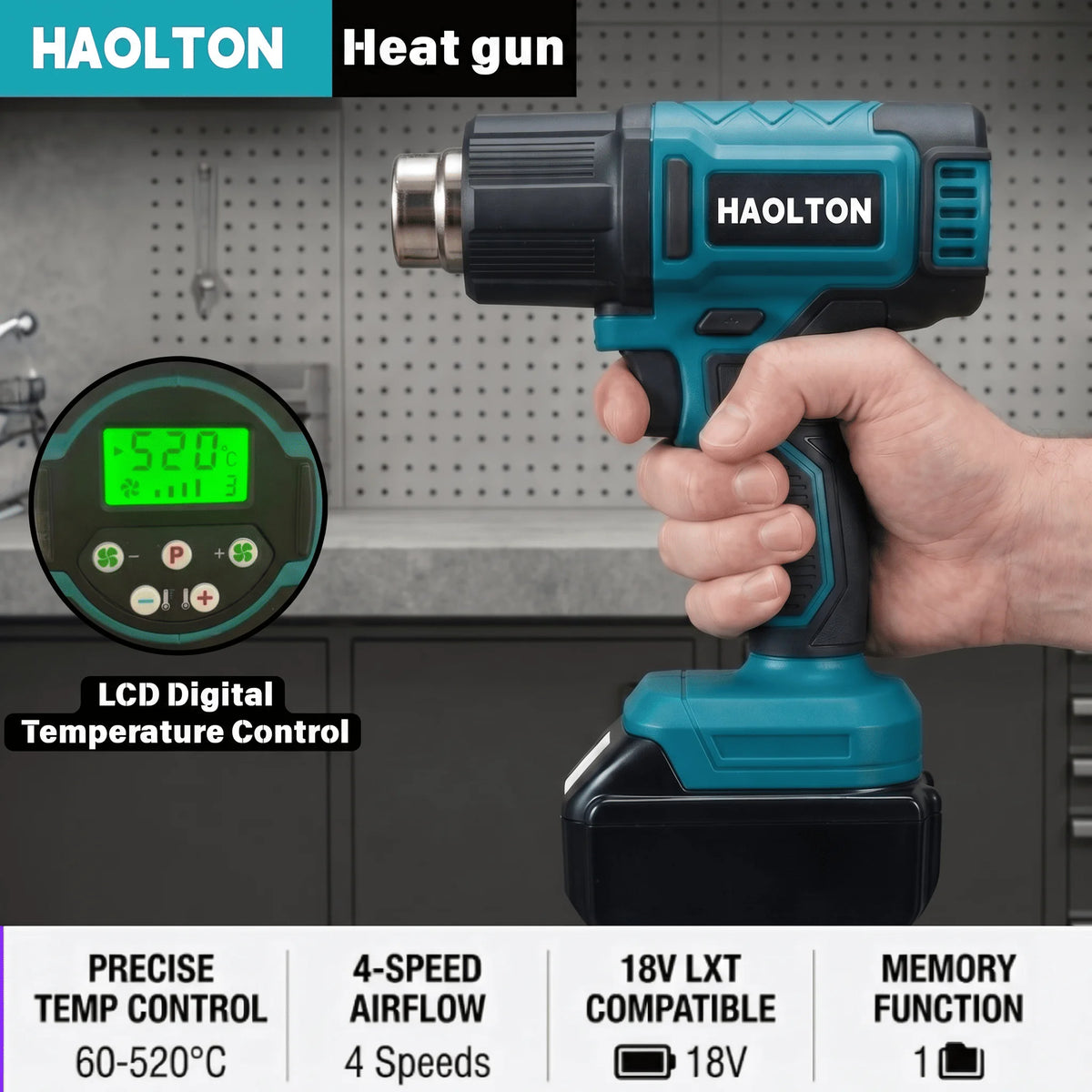 HAOLTON Gun Industrial Handheld Electric Heat Gun Temperatures Heat Gun Cordless Hot Air Adjustable 18V Battery