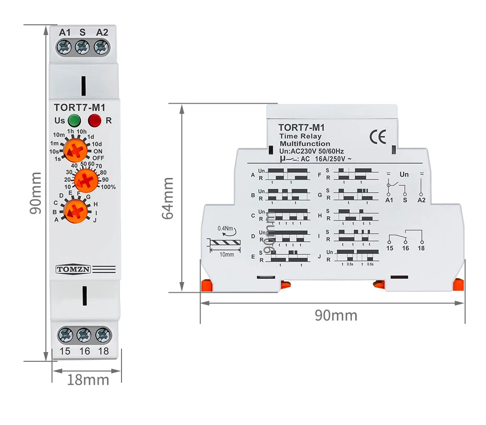 TOMZN 10IN1 Multi-function Time Relay Delay Interval Repeat Cycle Single Shot Latching Relay Pulse Generator AC230V 16A 18mm