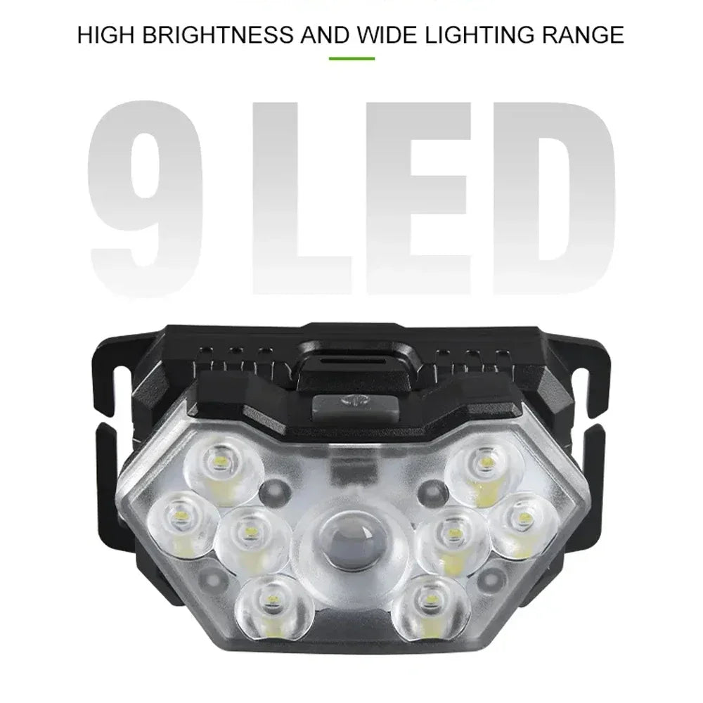 9 Led Strong Light Headlamp USB Rechageable Motion Sensor Headlight Portable Fishing Camping Outdoor Head Lamp 1200mah