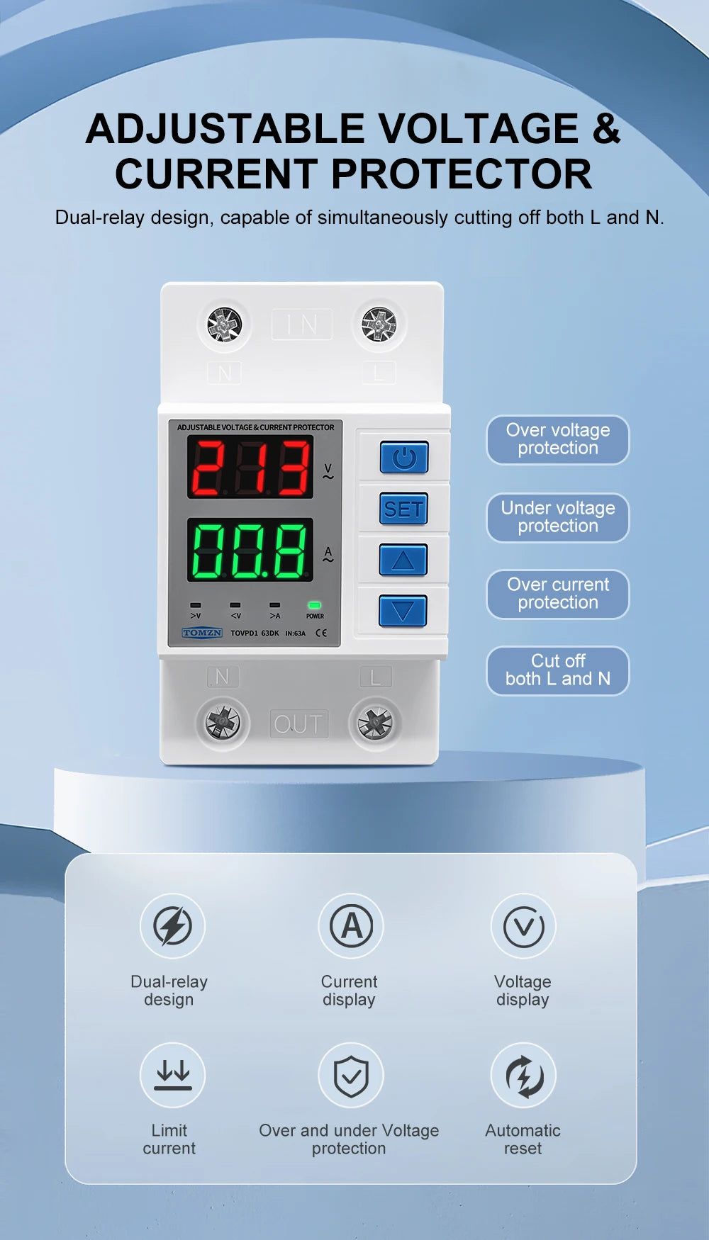 TOMZN TOVPD1-63DK Isolate L N 110V 230V AC Din Rail OVP OCP UVP Voltage Protector 63A Relay Automatic Adjustable Delay-ON