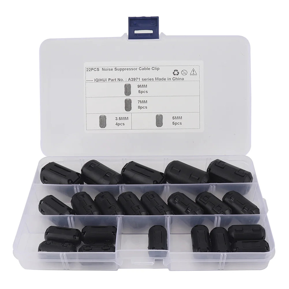 22Pcs Clip On Ferrite 3.5mm/5mm/7mm/9mm Cable Connector Clamp Anti-Jamming Toroidal Clip-on Clamp RFI EMI Noise Magnetic Filter