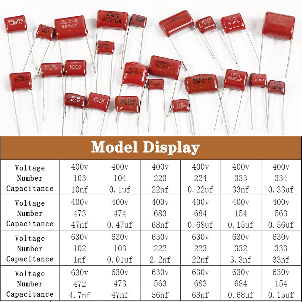20pcs CBB Capacitors Metallized Polypropylene Film Capacitor 0.01uf 0.22uf 0.33uf 0.47uf 0.68uf 1nf 10nf 22nf 23nf 47nf 68nf
