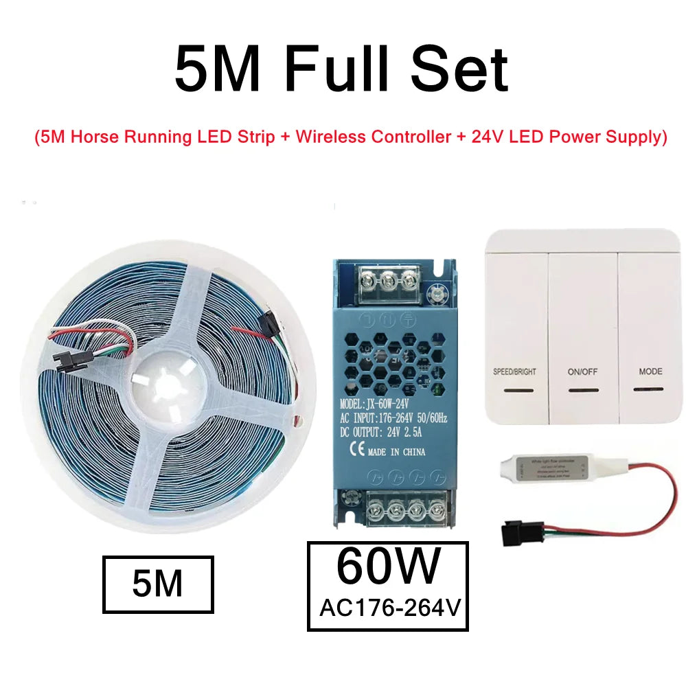 5M 10M DC24 WS2811 Running Water Flowing LED Strip Light SMD2835 Horse Race Pixel Addressable Flexible Linear Lamp Set