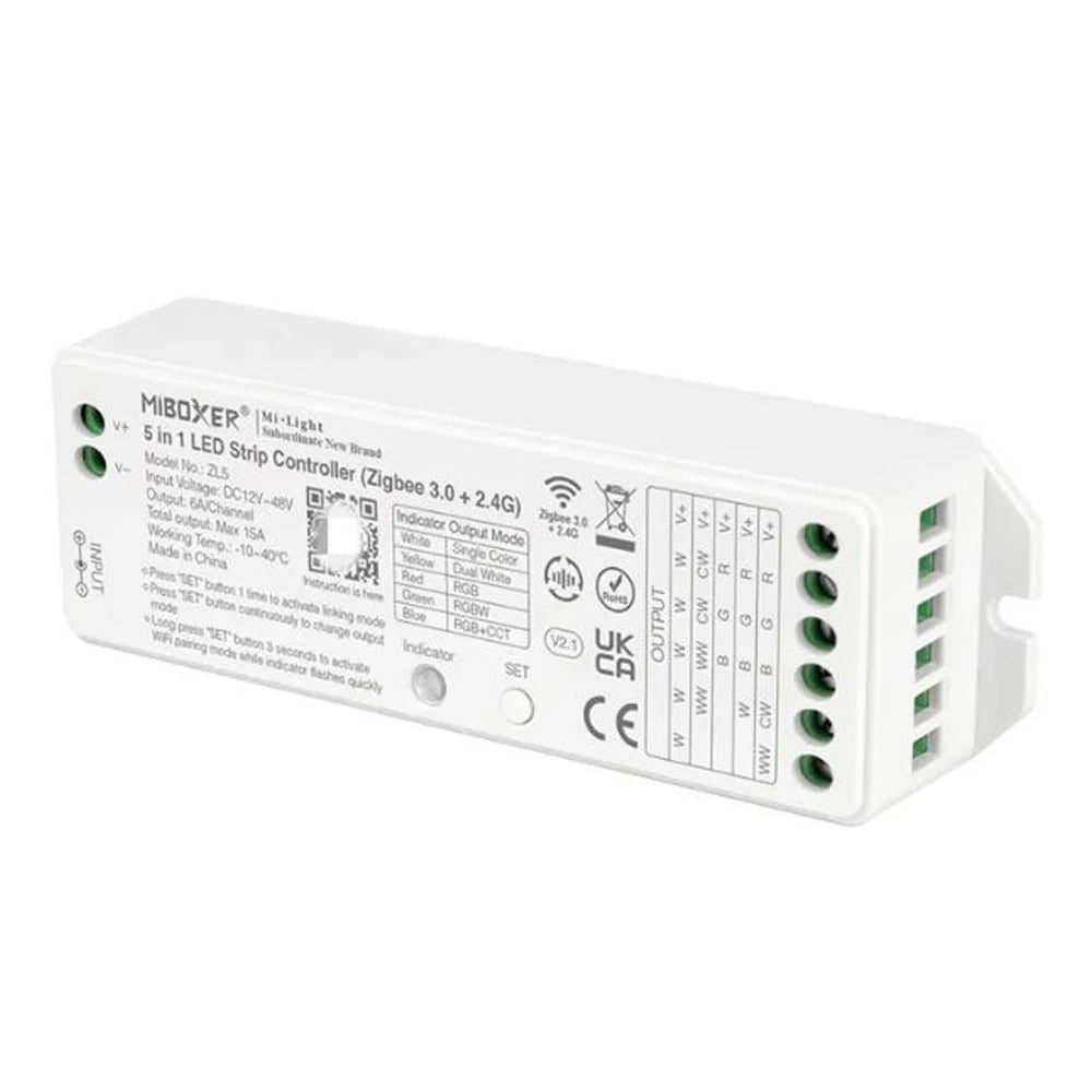ZL5 FUT089Z Miboxer Zigbee 3.0+2.4G 5 in 1 LED Strip Controller For Single Color/Dual White/RGB/RGBW/RGB+CCT 2.4G Remote Control