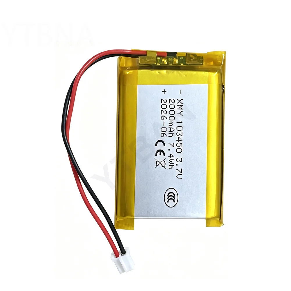 103450 3.7V 2000mAh Polymer Lithium Rechargeable Battery Jst PH 2.0mm 2pin Plug for Camera GPS Navigator MP5 Bluetooth Headset