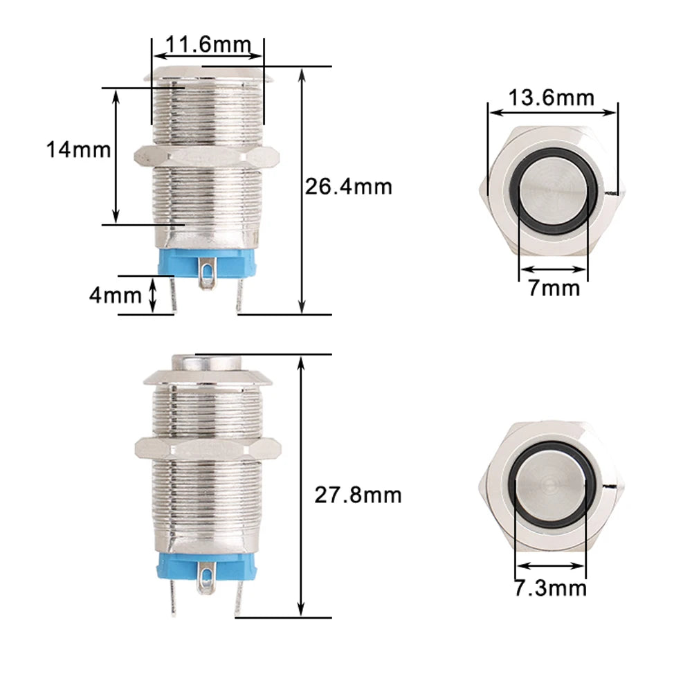 1pc 12mm Anti-Vandal Metal Push Button Switches High Flat Round With LED Green Red Blue White 3V 12V Momentary Latching Reset