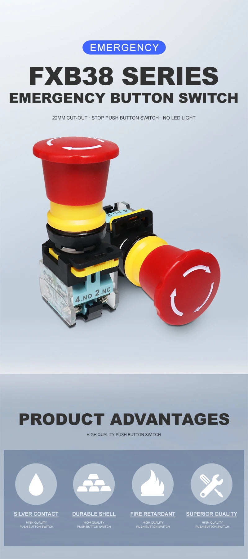 Emergency Stop Push Button Switch with Fixation 22mm 10A FXB38 Mushroom Head e-stop Red Buttons for Electronics Machine VaneAims