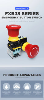 Emergency Stop Push Button Switch with Fixation 22mm 10A FXB38 Mushroom Head e-stop Red Buttons for Electronics Machine VaneAims