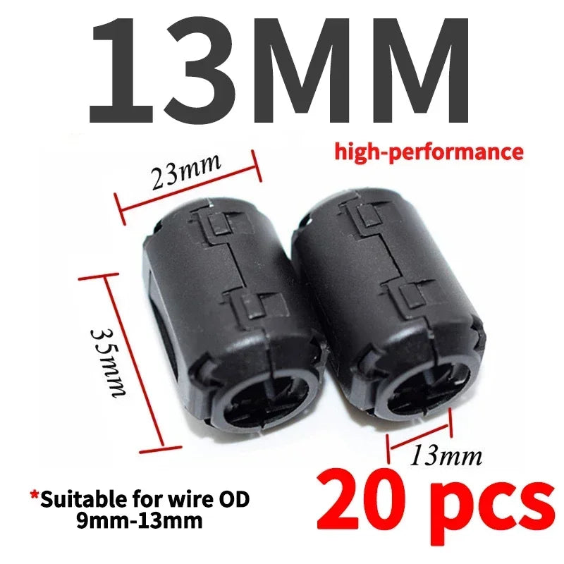 20Pcs 3.5/5/7/9/13/15mm Ring Core Ferrite Bead Clamp Choke Coil EMI RFI Noise Filter Clip Snap Cable for Black Magnetic Snap-on