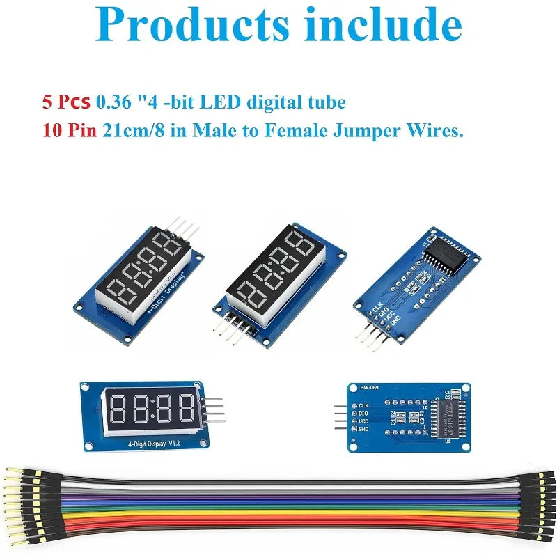 5PCS 4 Digits 7 Segment Digital Tube TM1637 LED Display Module I2C with Jumper Wires Clock Display for Arduino and Raspberry Pi
