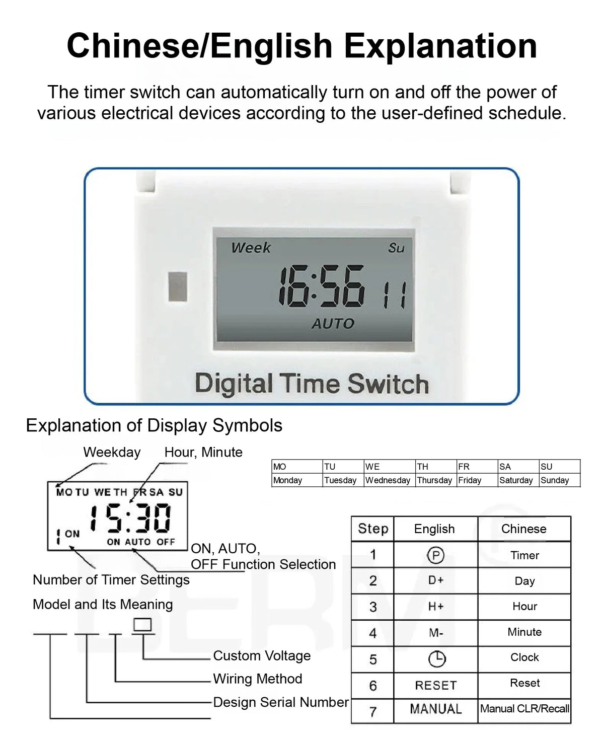 THC15A Digital Timer Switch Programmable Time Switch 30A DIN Rail Weekly Timer Relay 12V 24V 110V 220V LCD Controller