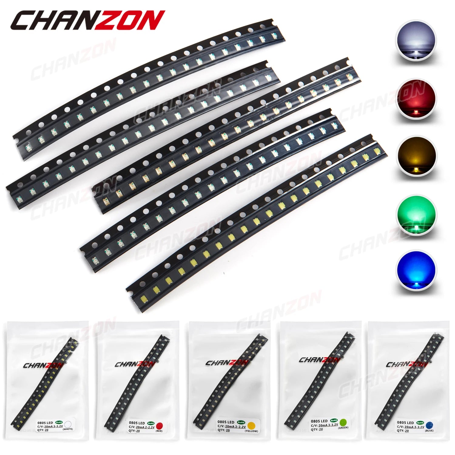 100Pcs 0805 SMD LED Diode Lamp Chip Light UV Purple Pink RGB Warm White Red Green Blue Yellow Orange Multicolor Emitting Kit Set