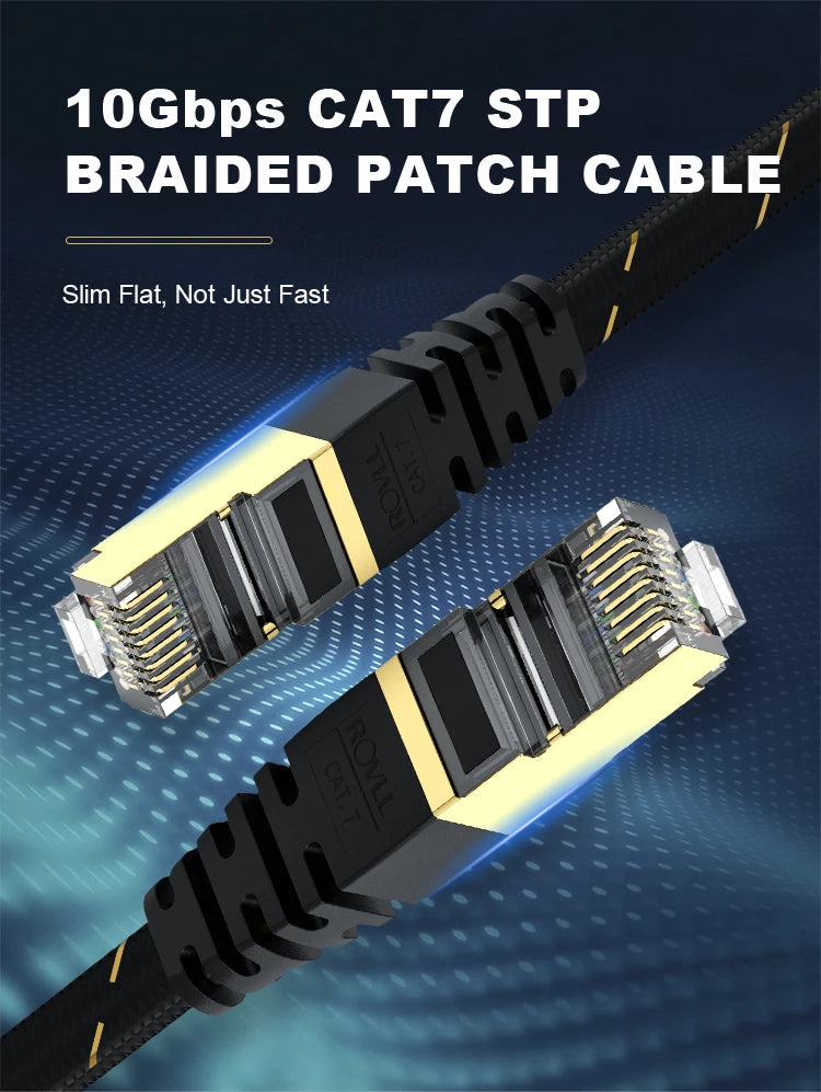ROVLL CAT7 Ethernet Cable Flat Lan Cable STP Round RJ45 Network Cable Cat 7 Internet Cord 10Gbps Braided Patch Cord