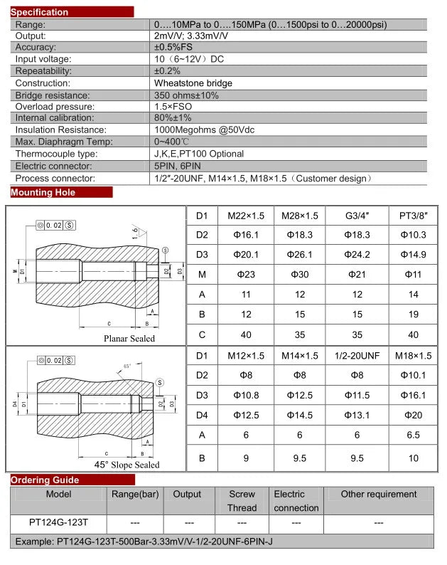 ZHYQ PT124B-123 PT123B-123T 6pin Melt Pressure Transducer Transmitter with Thermocouple Type J K 4-20mA 0-10V