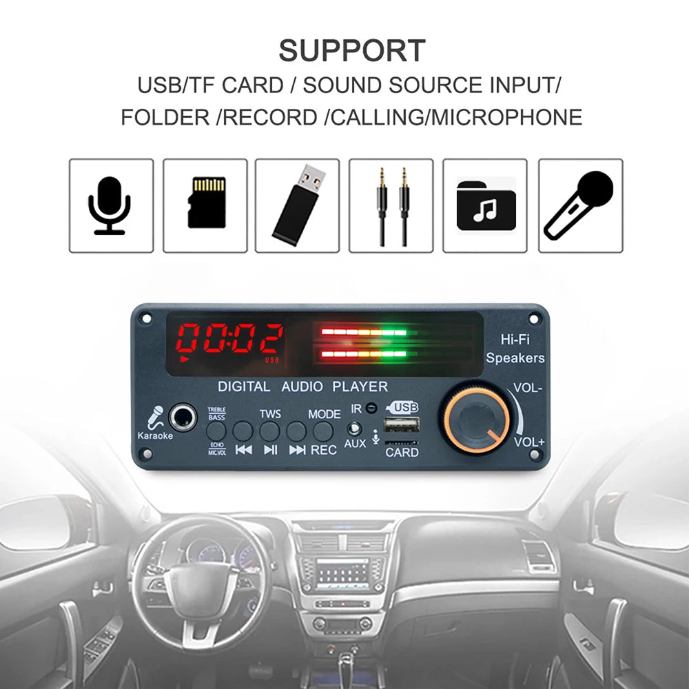 DC12V MP3 WMA WAV Decoder Board Bluetooth 5.3 Handsfree Car Audio Microphone USB TF FM DIY Music Player