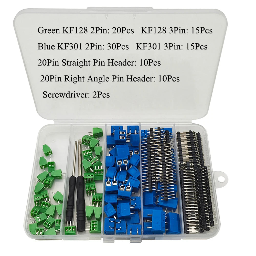 1Box KF128 KF301 PCB Screw Terminal Block Connector Kit 2.54mm 5mm Pitch 2Pin 3Pin 4Pin with Pin Header Screwdriver