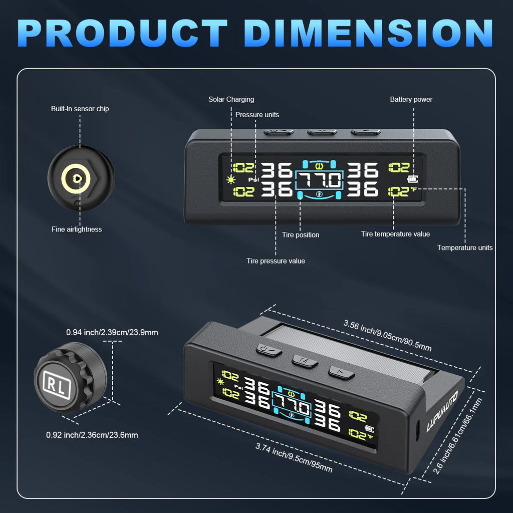 TPMS Solar/USB Charging Digital LCD Display Universal Smart Car TPMS Tyre Pressure Monitoring System 4 Or 6 Sensors Auto Security Alarm Smart Temperature Tire Air Pressure Gauge