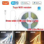 5V USB Tuya WiFi Tuya Zigbee 3.0 Warm White COB LED Strip Light Flexible Dimmable 8mm Width 320leds/m 4mm Width 480leds/m RA90