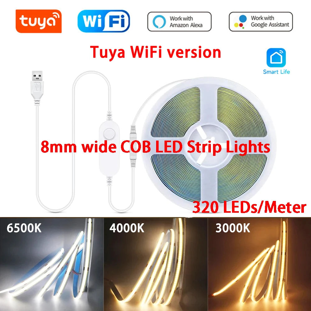 5V USB Tuya WiFi Tuya Zigbee 3.0 Warm White COB LED Strip Light Flexible Dimmable 8mm Width 320leds/m 4mm Width 480leds/m RA90