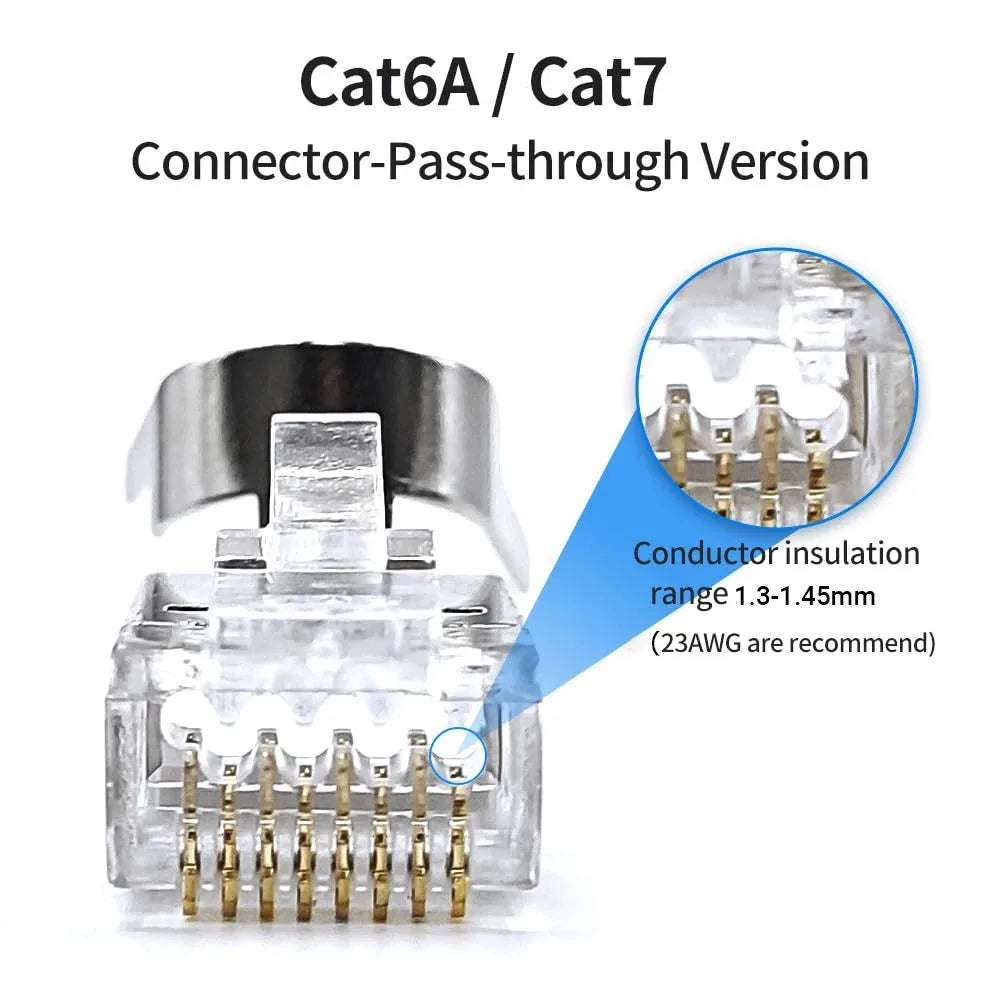 ZoeRax RJ45 Cat8 Cat7 Cat6A Pass Through Shielded Connector Modular Network 3-Prong 50μ Gold-Plated Plug with Strain Relief Boot