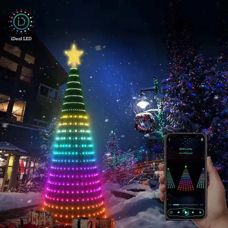 RGB Christmas Tree Waterfall Lights With Star Topper,APP Remote Control LED String Lights Multicolor Fairy Light Indoor Outdoor
