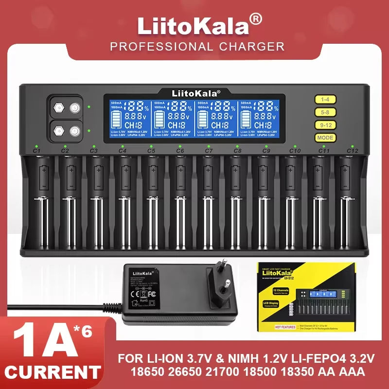 LiitoKala LiI-S12 Smart Charger 14 Slots - CE Certified Universal Charger for Li-ion/LiFePO4/Ni-MH/9V Batteries 18650, 26650, AA