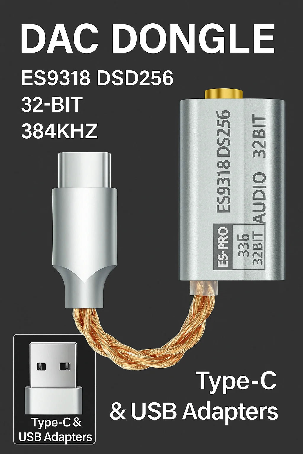 USB DAC Headphone Amplifier ES9318 DSD256 Type C to 3.5mm Audio Adapter 32Bit 384kHz for Android Phone Laptop PC Earphones