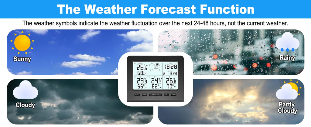 3 Sensors Weather Station with 100m Wireless Transmission Backlight LCD Alarm Clock  for Indoor/Outdoor Temp Humidity Monitor