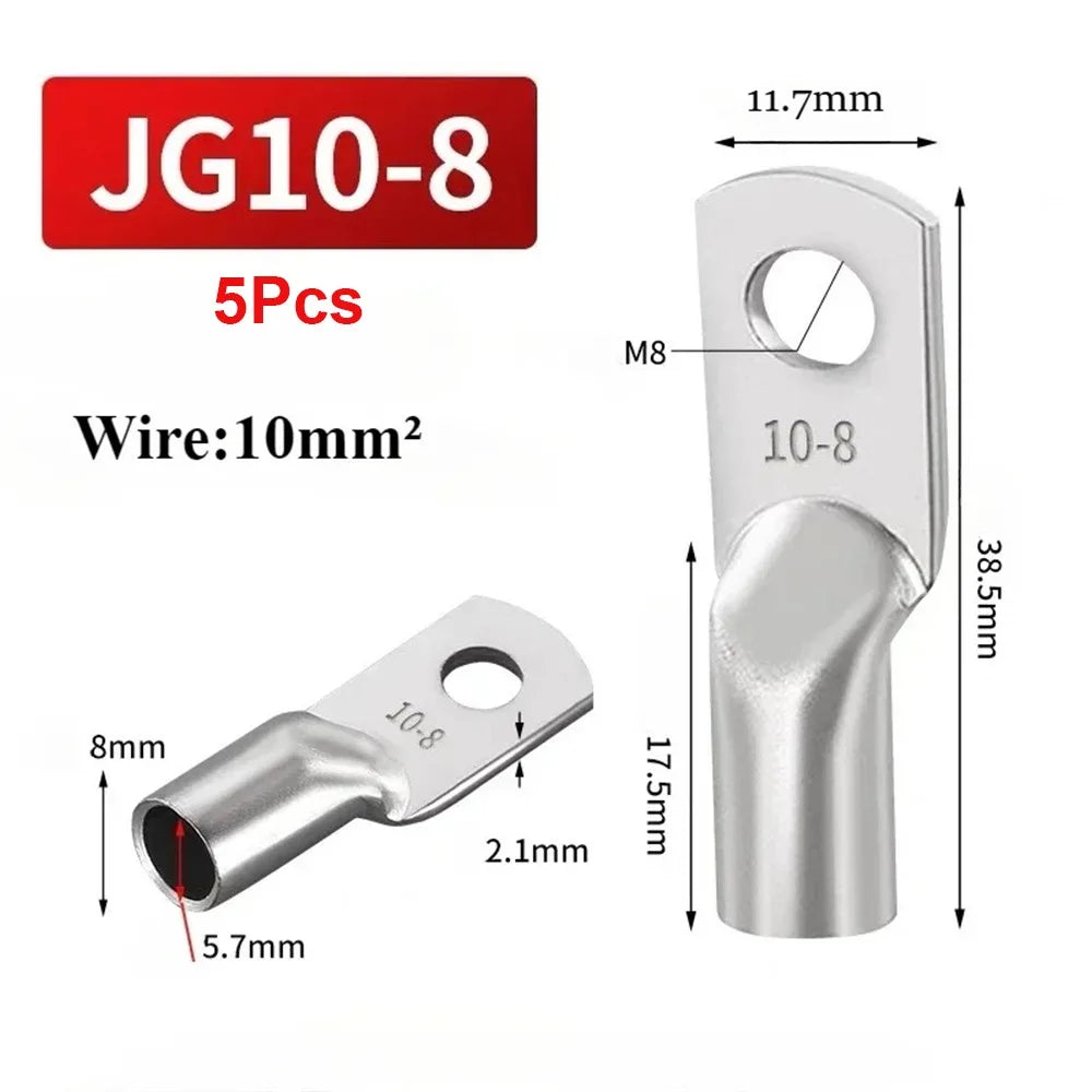 5Pcs JG Series Tinned Copper Cable Lug 14-2AWG 6/10/16/25mm2 Battery Cable Terminal Tinned Copper M6/M8/M10/M12