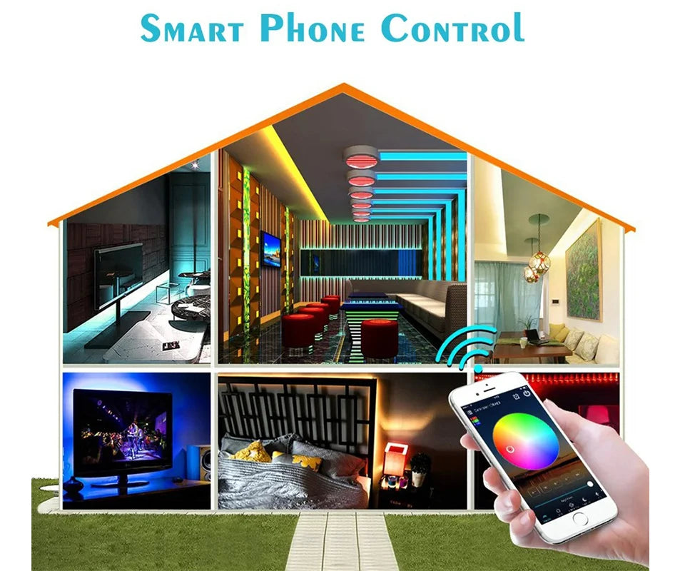30M 12V WiFi Bluetooth RGB LED Strip Lights 5050 with Ac100-240V Adapter APP Control Music Sync Remote for Bedroom Kitchen Party