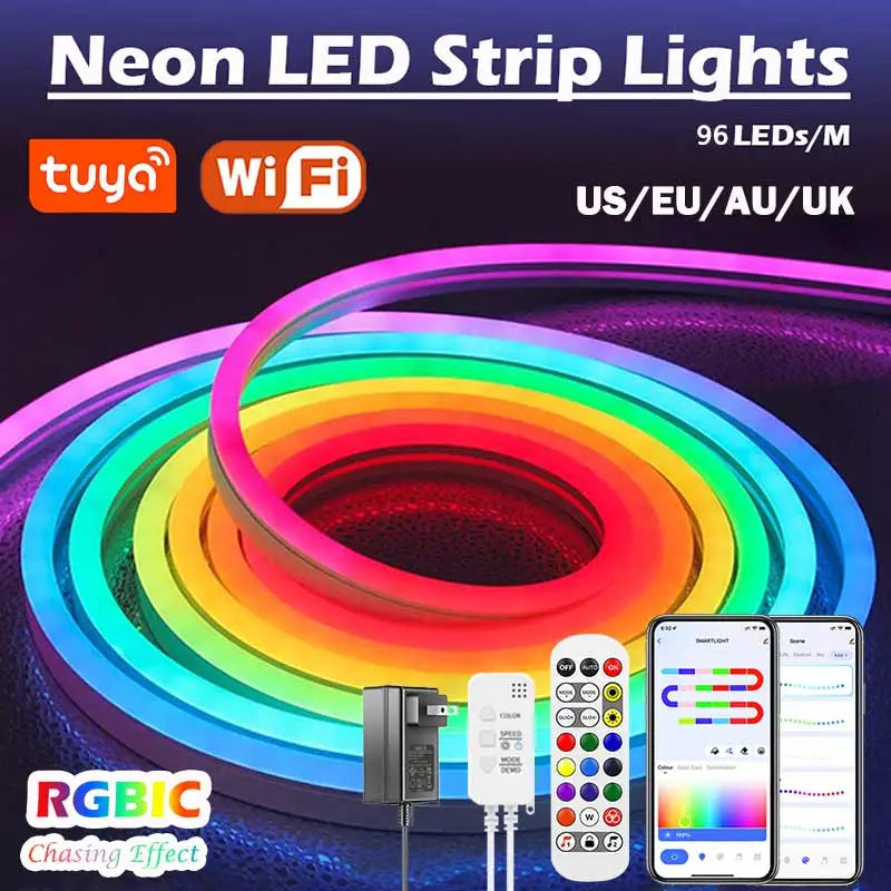 TUYA Neon LED Strip Lights Silicone Neon Rope Light 5-24V 84LEDs/M with Music Sync RGBIC Dreamcolor Chasing Strip Tape for Room